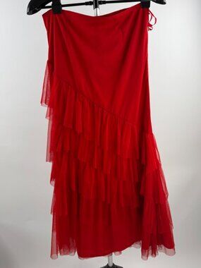 Tunique Red Mesh Ruffle Asymmetrical Midi Skirt Size M
